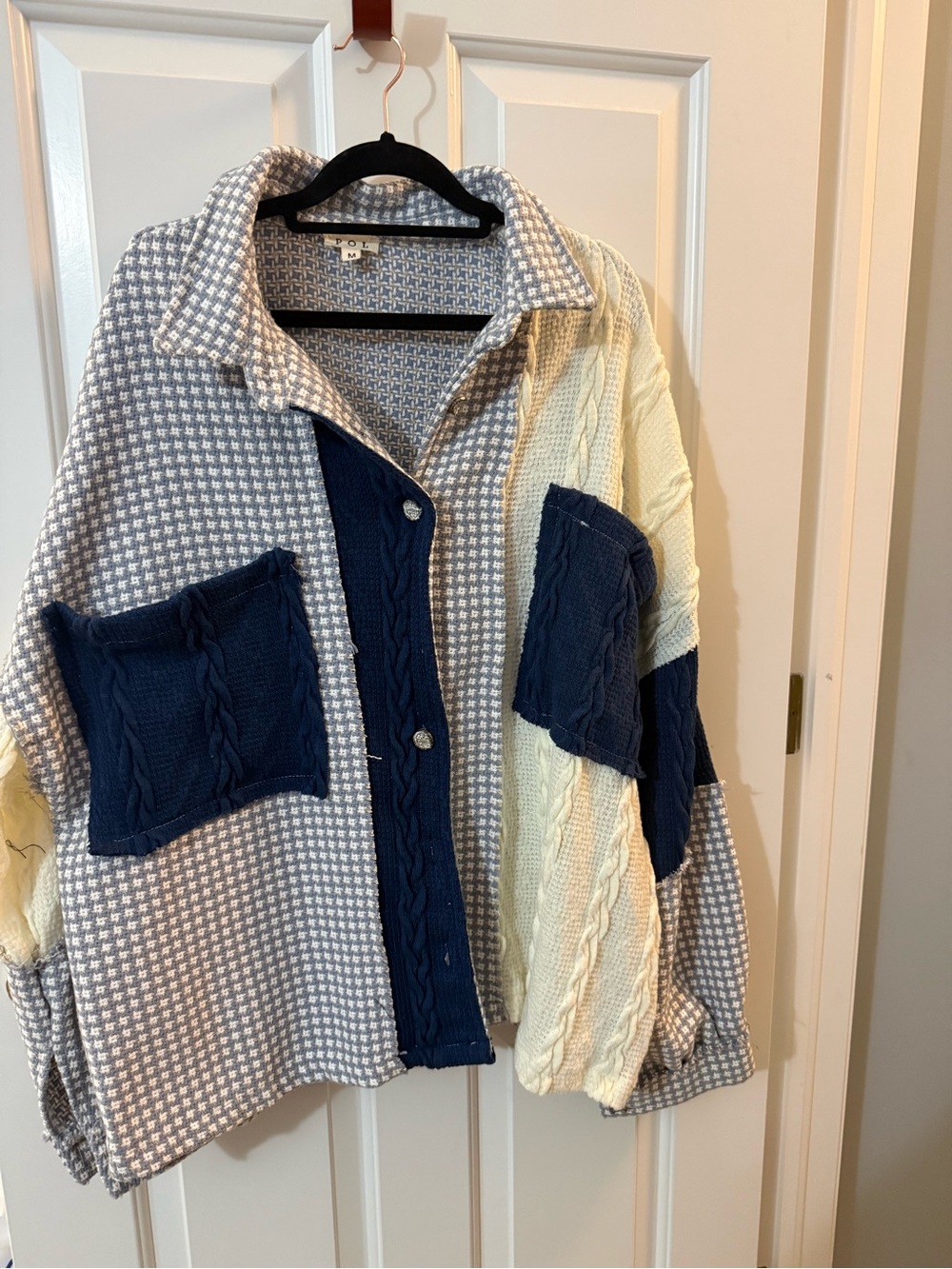 POL Patchwork Cardigan Jacket in Navy, Cream & Gray